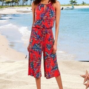 London Times Red Tropical Red Sleeveless Wide Leg Cropped Jumpsuit - Sz 10